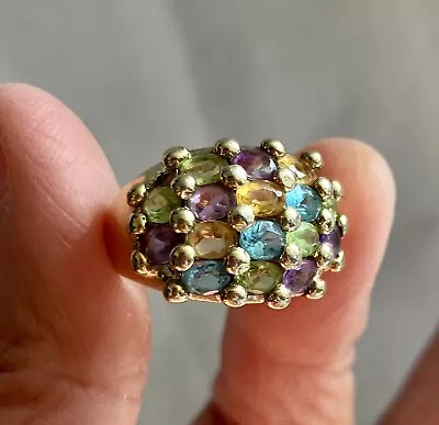 Blue Yellow Multi Color Genuine Gemstones Gold Tone Sterling Silver Ring 5 Mg • $99.85