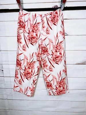 Amanda Smith Womens Ankle Pants Sz L White Floral High Rise Side Zip 100% Linen • $28.99