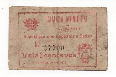 Portugal Notgeld Emergency Money Povoa Varzim 2 Centavos 1920 Look Scans • $29.99