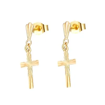 9ct Yellow Gold Diamond Cut Cross Dropper Earrings • £27.45