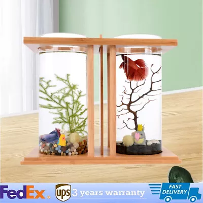 Glass Betta Fish Tank Bamboo Base Mini Aquarium Fish Tank For Desktop • $20.68