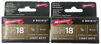 2 Pack Arrow BN1810 Brad Nails T50 5/8  15mm 18 Gauge 500 Each Total Of 1000 • $10.99