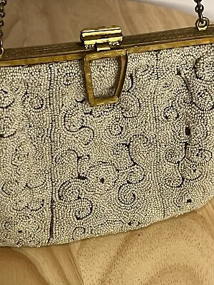 VTG Antique BEADED Old Ivory PURSE Embroidered Beads Shoulder/Clutch Bag • $45