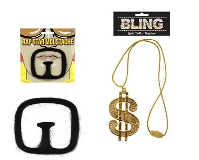 Rap Star Self Adhesive Moustache And Beard Disguise With Gold Dollor Necklace. • £4.99