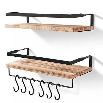 2Pcs Wooden Floating Shelves Wall Mounted Display Storage Shelf With Hooks Home • £14.49