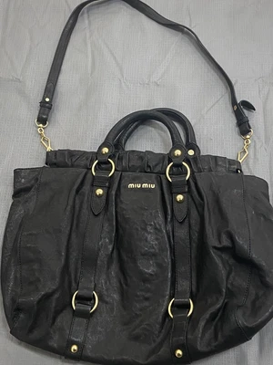 $150 • Buy MIU MIU Calf Leather Vitello Lux Gathered Black 2Way Shoulder Bag 