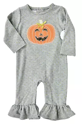 Mud Pie Halloween Jumpsuit Babies 3-6 Months Gray W/ Pumpkin Appliqué Ruffle Hem • $25.98