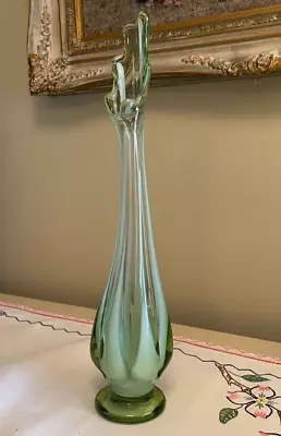 Vintage Green 6 Finger Swung Art Green And White Glass Vase 13.25” Stretch MCM • $34.95