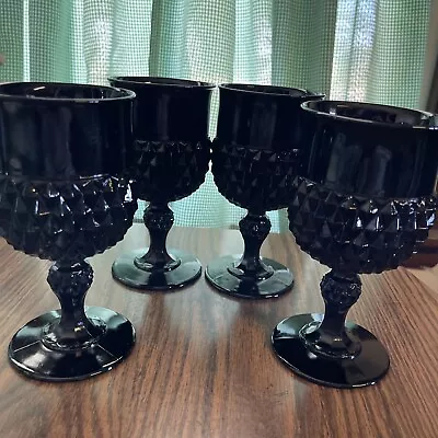 Vintage Black Indiana Glass Tiara Diamond Point 4 Wine Goblets Gothic • $24