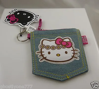 $10.99 • Buy Hello Kitty Change Purse Key Ring Keychain Denim Canvas PInk And Multicolor Jean