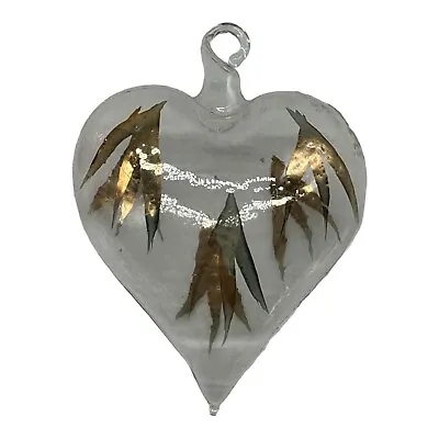 Vintage Hand Blown Artisan Clear Glass Heart Ornament Hand Painted Gold Accents • $7.46