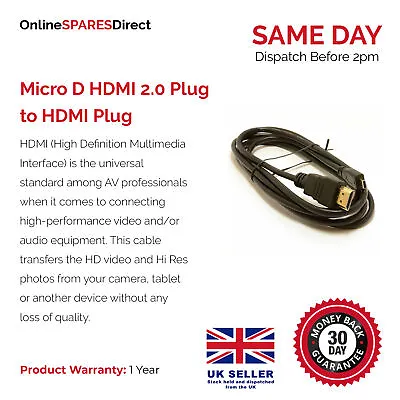 1m/2m/3m/5m Micro D HDMI 2.0 Plug To HDMI Plug High Speed HD • £2.83