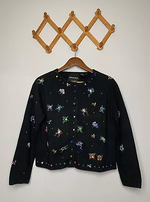 Women’s Michael Simon Y2K Black Beaded Frog And Fly Knit Sweater/Cardigan SZ M • $50