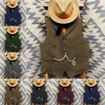 Mens Tweed Cowboy Vest Vintage Western Wool Herringbone Casual Vests M L XL XXL • $16.99