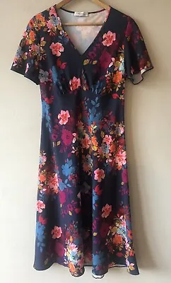 DAVID NIEPER Fabulous Dress Navy Pink & Teal Floral Tea Dress  Size 12 VGC • £13.99