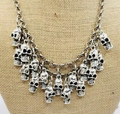 Skull Dangle Charm Chain Bib Necklace Halloween Jewelry Silver Tone • $18.67