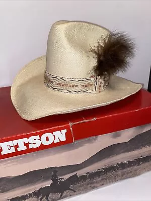 Vintage Stetson Roadrunner Straw Cowboy Hat With Box 7 Bryancote Finish Band • $24.77
