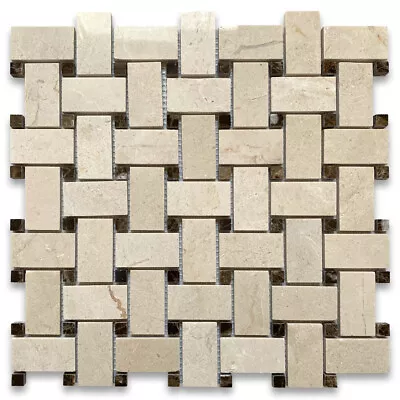 M654XP Crema Marfil Marble Basketweave Mosaic Tile Emperador Dots Polished • £20.26