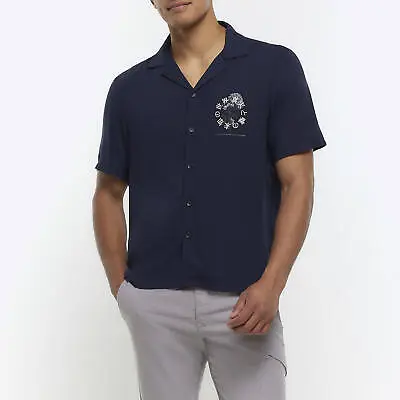 River Island Mens Shirt Navy Regular Fit Japanese Graphic • £10