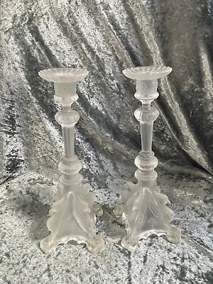 $300 • Buy Pair Of Signed Val St. Lambert Frosted Glass Candlesticks
