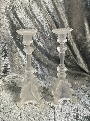 Pair Of Signed Val St. Lambert Frosted Glass Candlesticks • $300