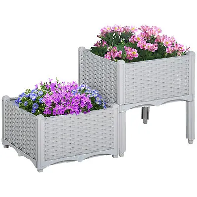 Outsunny 2-pieces Elevated Flower Bed Vegetable Herb Planter Plastic Grey • £26.99