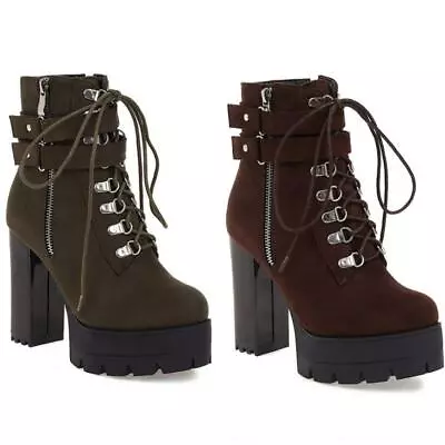 Womens Punk High Block Heel Zip Lace Up Gothic Platform Ankle Boots 47 48 Outdoo • $46.66