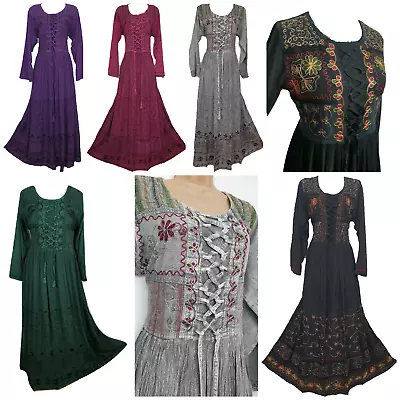 £24.99 • Buy Maxi Dress Long Sleeve Crinkle Stonewash Rayon Lace Up Embroidered 12 14 16