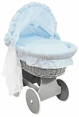 £169.99 • Buy Grey Wicker Wheels Crib/baby Moses Basket + Complete Bedding Blue/cotton