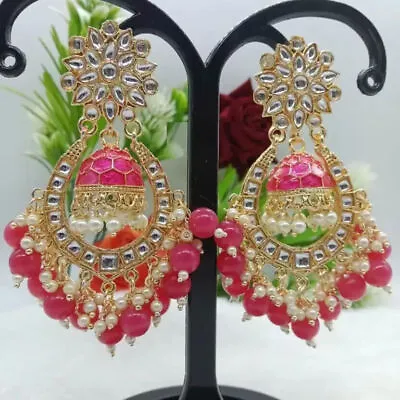 Indian Gold Plated Bollywood Style Kundan Jhumka Earrings Enameled Jewelry Set • $32.70