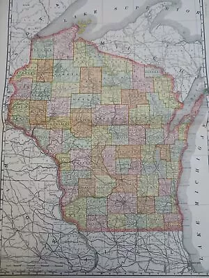 Wisconsin State Green Bay Madison Milwaukee 1902 McNally Large Detailed Map • $52