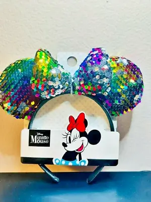 Disney Park Rainbow Minnie Mouse Black/colorful Sequin Ears Headband • $18.95