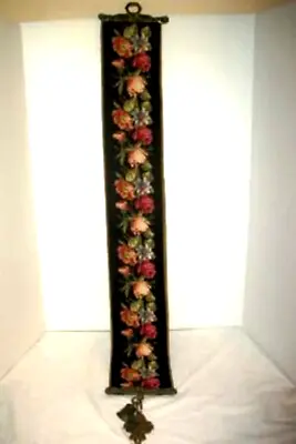 Vintage Needlepoint Bell Pull Roses Flowers Ornate Brass Hardware Bell Velvet • $135.03