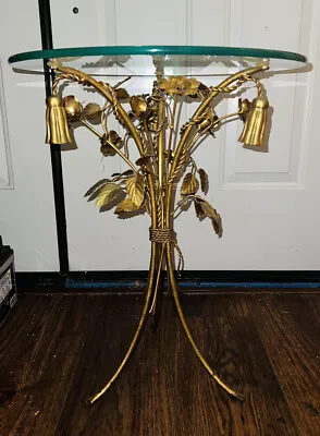 VINTAGE Italian Gilt Metal Floral GLASS TOP SIDE TABLE W/Flowers Rope & Tassels • $245