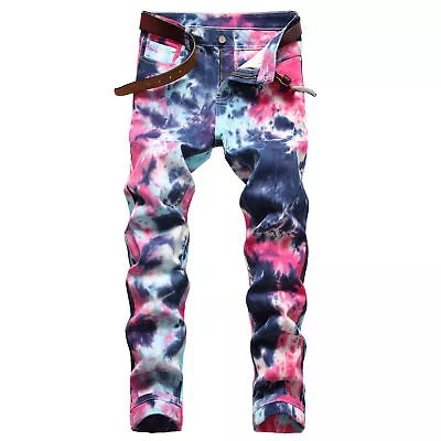 Men's High Street Tie Dyed Colorful Binfen Elastic Small Straight Leg Jeans • $43.99