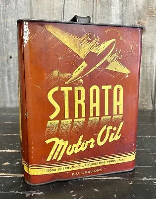 Vintage STRATA 2 Gal Motor Oil Tin Can AWESOME Early Airplane Advertising 🔥🔥 • $375