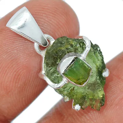 Natural Genuine Czech Moldavite & Green Tourmaline 925 Silver Pendant CP15759 • $43.99