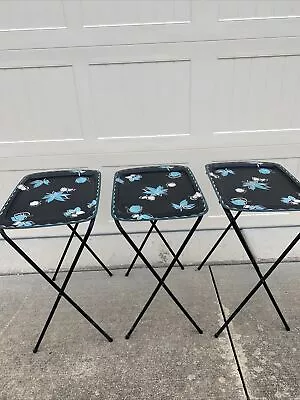 Vintage Rare Set Of Cal-Dak Black Floral TV Trays And Stand Set Of 3 • $99.99