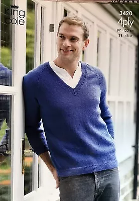 King Cole 4 Ply Knitting Pattern 3420Men's V Neck Raglan Sweater & Cardigan • £1.80