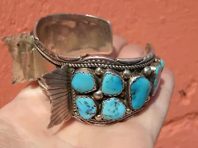 Vintage ~ NAVAJO ~ CUFF WATCH BAND Bracelet ~ STERLING & TURQUOISE ~ Signed T • $349