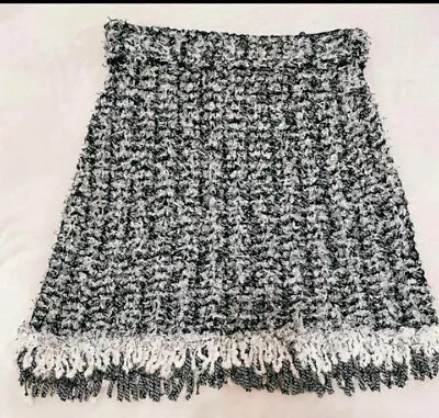 CHANEL Logo Fringe Skirt Women Size 38 Black White Silk Cotton From Japan New • £776.39