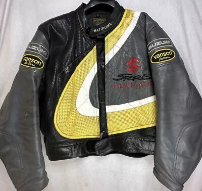 Vintage Vanson Suzuki Racer Motorcycle Jacket Leather Biker Black Yellow MadeUSA • $199