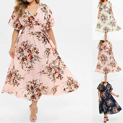 Plus Size Women Summer Floral Swing Dress Ladies Short Sleeve Loose Maxi Dress • £3.99