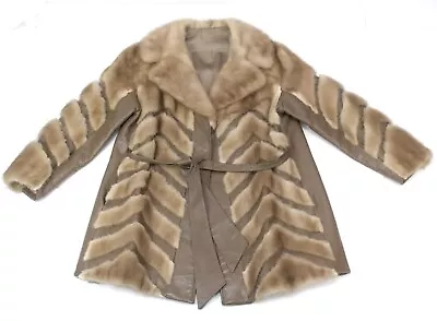 Womens VINTAGE 60s Chevron Stripe MINK FUR Leather Jacket Coat Belted S M • $324.99