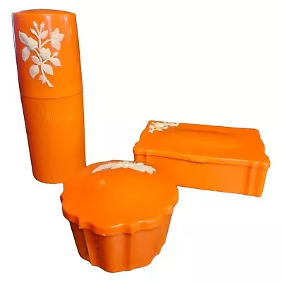 Vtg Schwarz Bros Bathroom Vanity Set 3 Pc Orange Plastic White Floral Applique' • $45.99