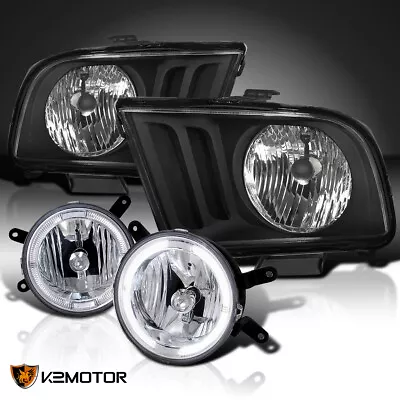 Fits 2005-2009 Ford Mustang Black Headlights+Clear Halo Rings Fog Lamps Pair • $156.52