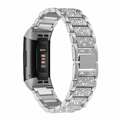 $16.99 • Buy Rhinstone Stainless Steel Strap Link Bracelet Watch Band For Fitbit Charge 2 3 4