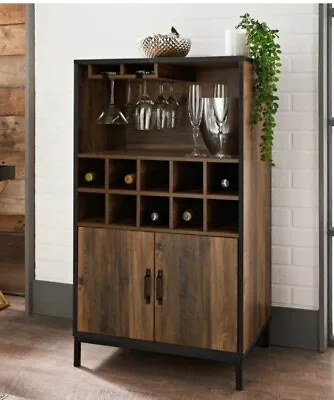 Rustic Oak 2 Door Wine Cabinet Drink Bottle Storage Unit Glass Door 10 Shelves  • £89.95