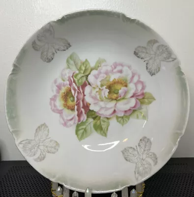 Vintage Leuchtenburg Germany Bowl Pink Flowers Scalloped Edges Beaded 9.5  • $10