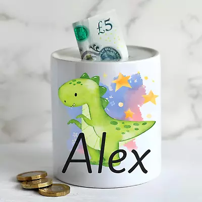 Personalised Name Dinosaur Money Box Children's Piggy Bank Kids Dinosaur Decor • £8.99